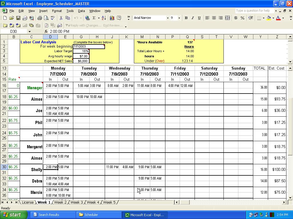Excel spreadsheet with employee scheduling features.