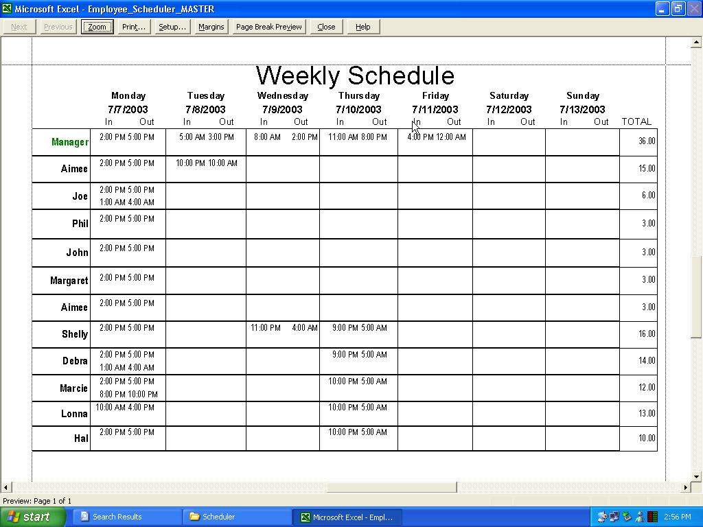 Microsoft Excel, print window for a weekly employee schedule showing employee names, days of week, and scheduled hours.